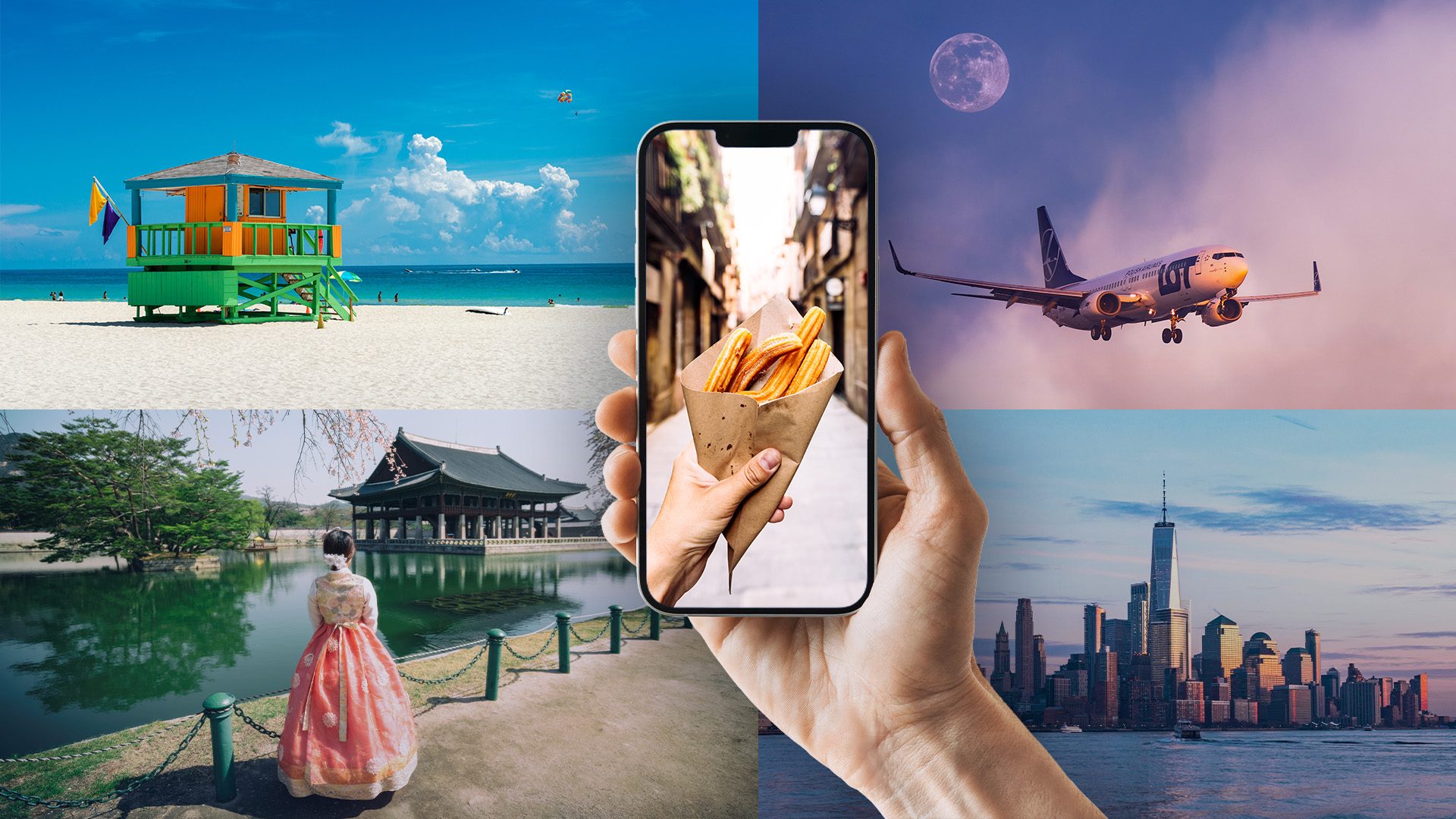 Graphic depicting a collage of four photos: top left: Beach and green-orange booth on a sunny day. Top right: A Boeing 737-800 aircraft against a backdrop of clouds and the moon. Bottom left: A Japanese woman in traditional dress in a park. Bottom right: A panorama of New York City on a sunny day at sunset.