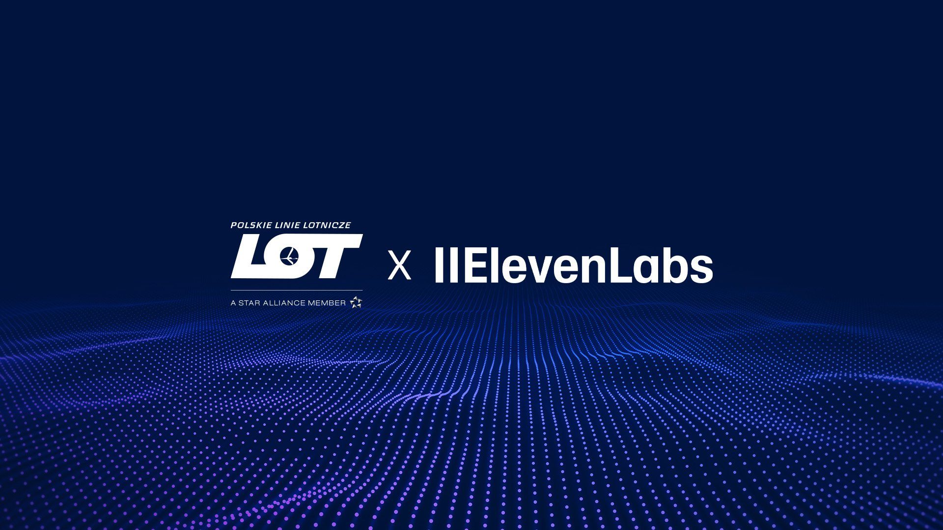 Grafika granatowa z białym logo LOT i ElevenLabs