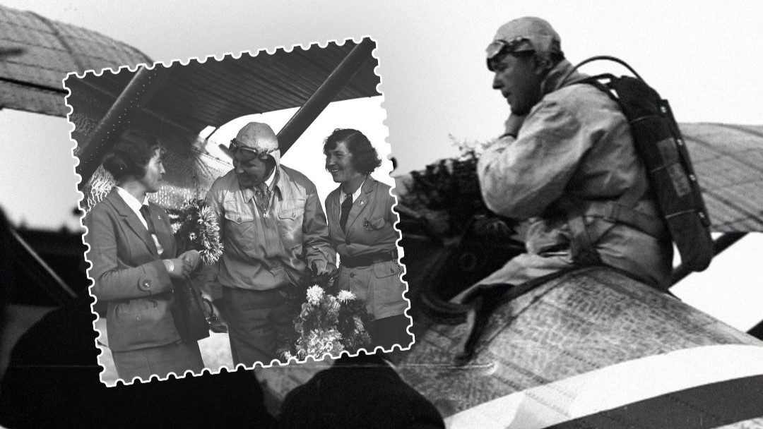 A black-and-white photograph of Bolesław Orliński after landing in Tokyo