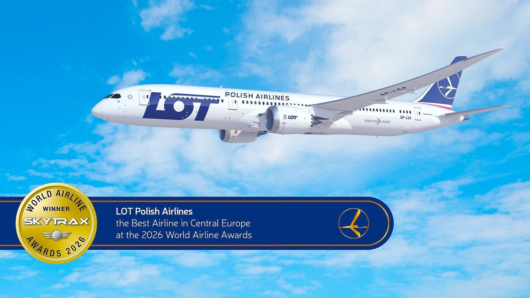 An illustration showing a Boeing 787 Dreamliner soaring among clouds and skytrax logo