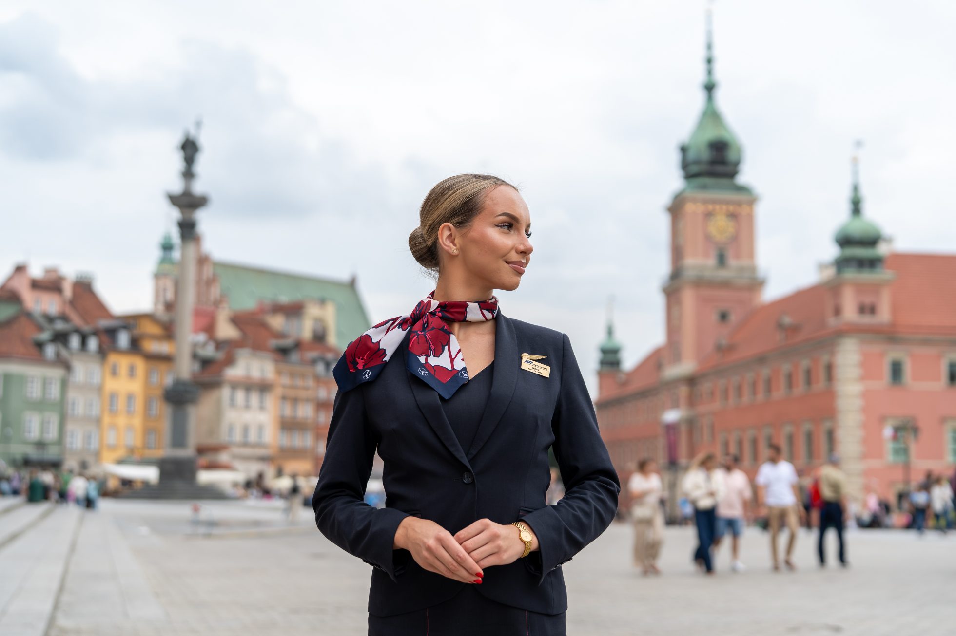 A flight attendant in Warsaw's Old Town Market Square.