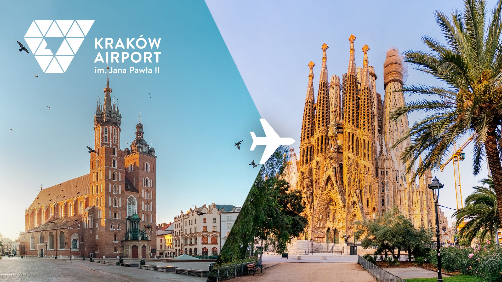 Grafika przedstawiająca Kościół Mariacki w Krakowie i Sagradę Familię w Barcelonie
