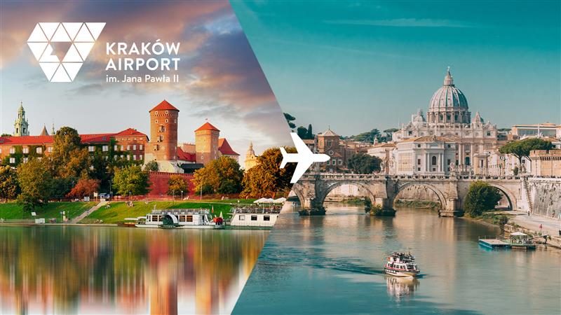 Wawel w Krakowie i widok na panoramę Rzymu - grafika promująca loty z Krakowa do Rzymu