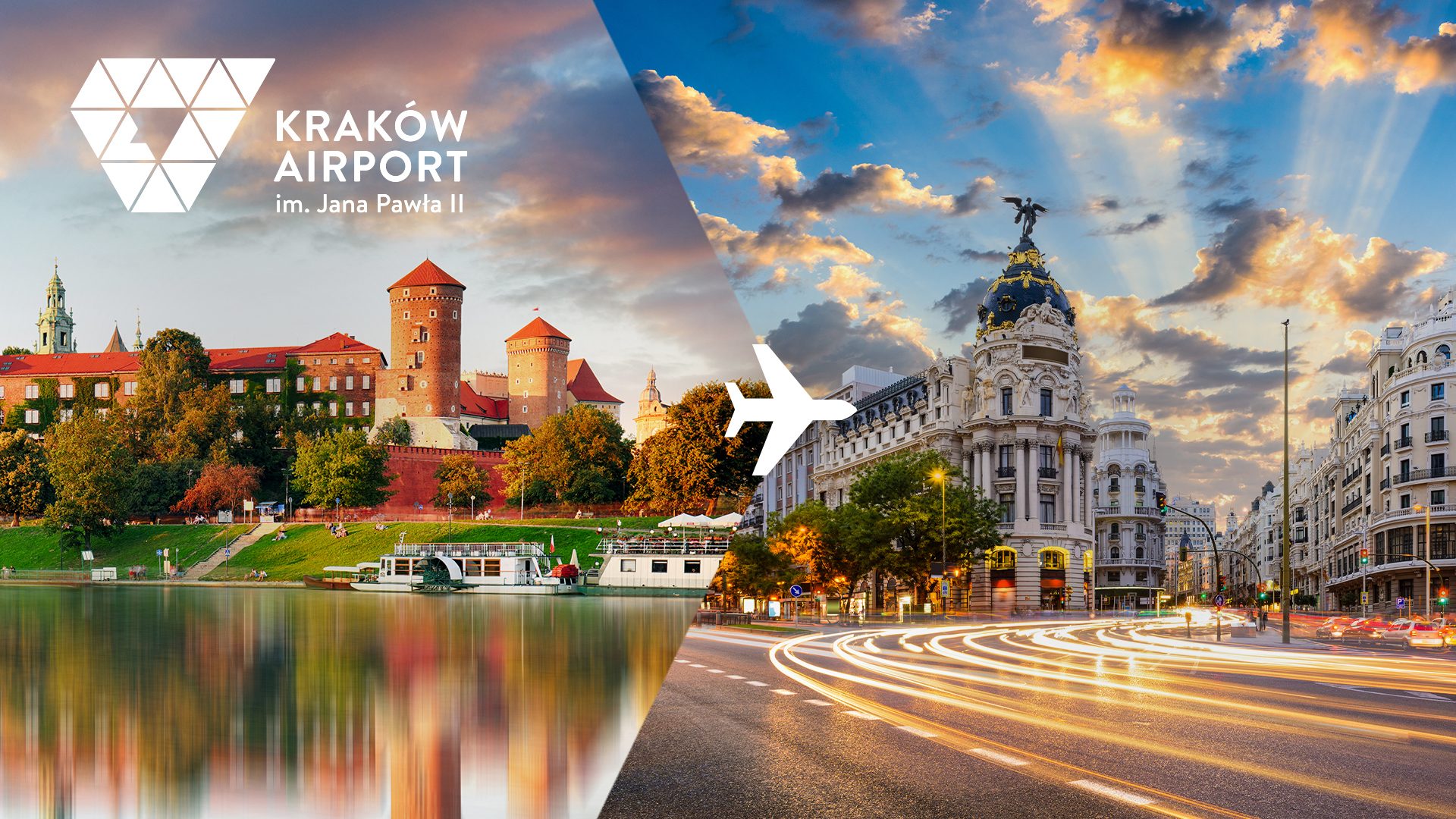 Panorama Krakowa i widok na ulicę Madrytu. Grafika promująca loty z Krakowa do Madrytu