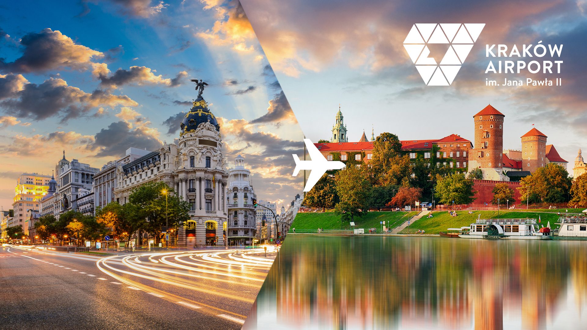 Una panorámica de Cracovia y una vista de las calles de Madrid. Un gráfico que promociona vuelos de Cracovia a Madrid.