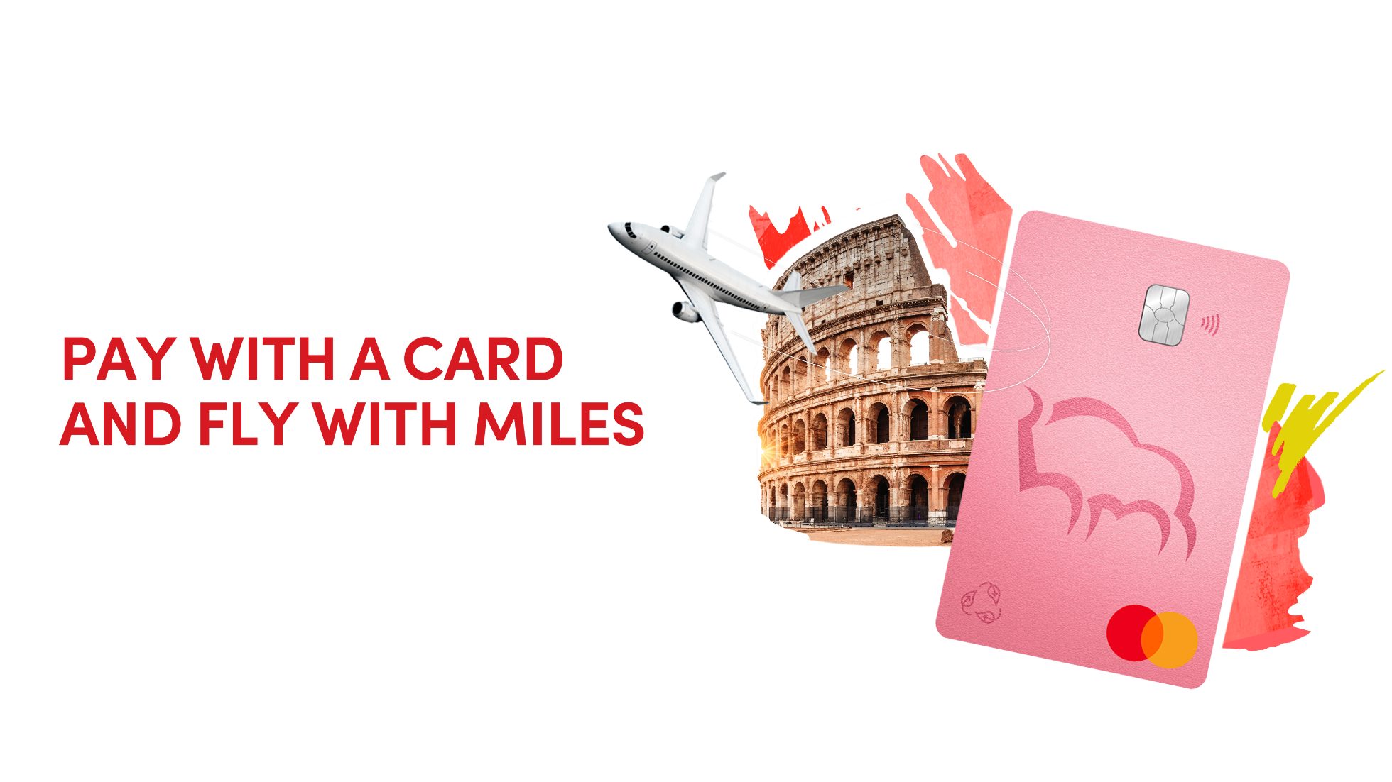 Graphic with Pekao S.A. bank card, colosseum and airplane.