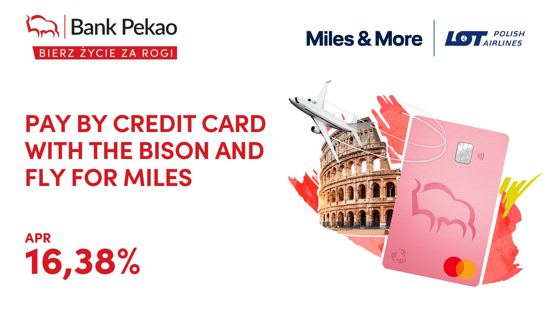 Graphic with Pekao S.A. bank card, colosseum and airplane.
