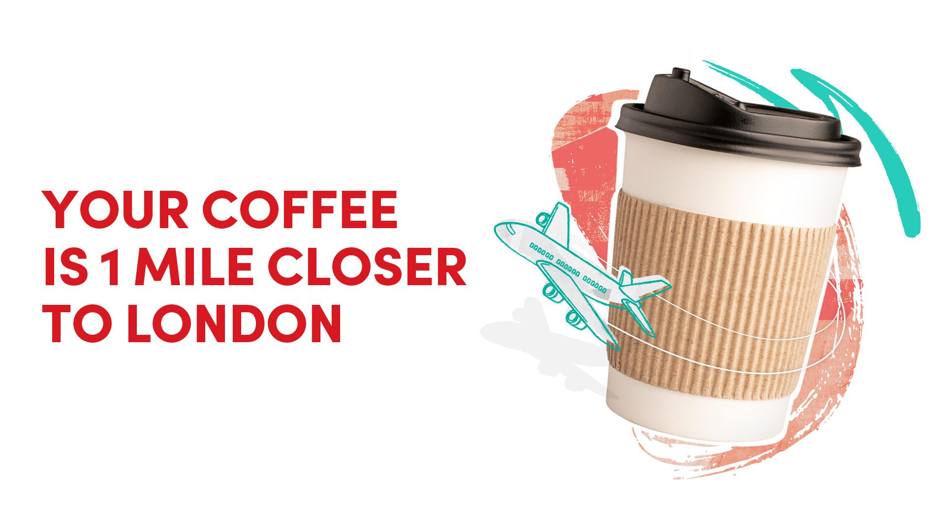 Graphic of a coffee with the inscription "Your coffee is 1 mile closer to London".