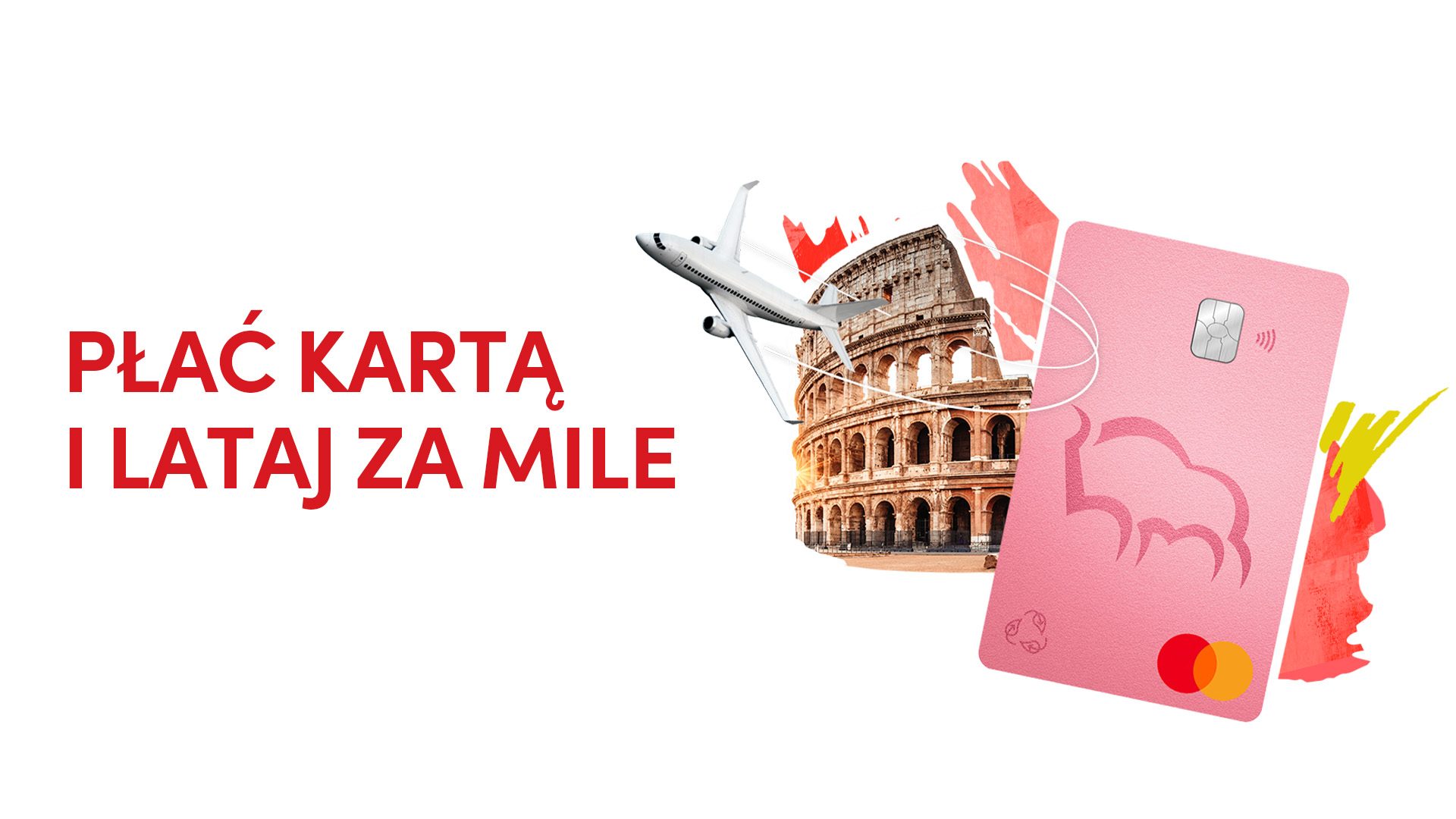 Grafika z kartą banku Pekao S.A, koloseum i samolotem.