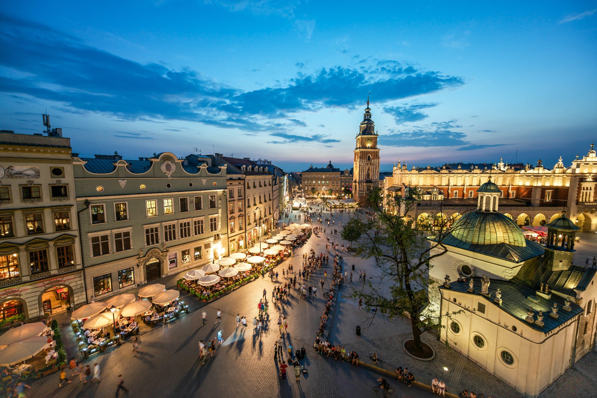 A view of Krakow's Market Square from above at sunset.