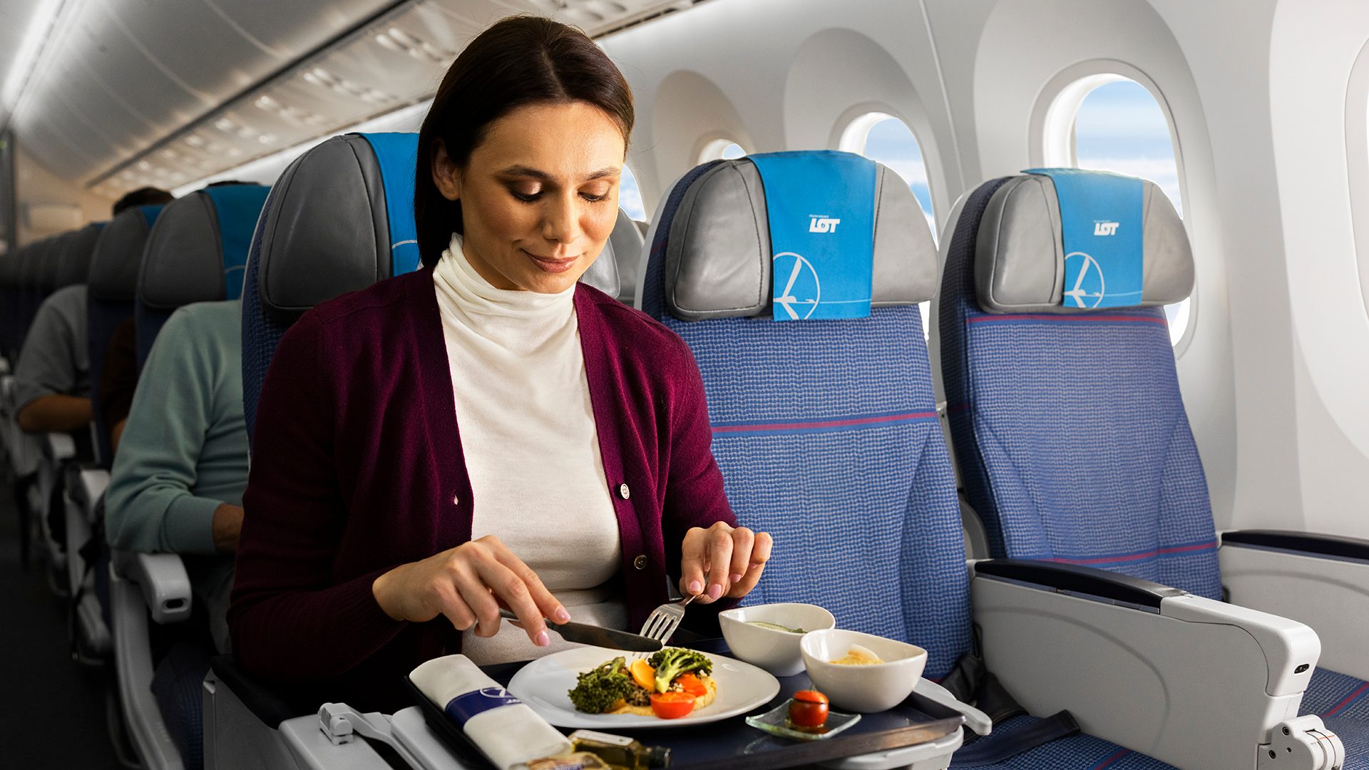 Premium class steamer aboard Dreamliner eats meal