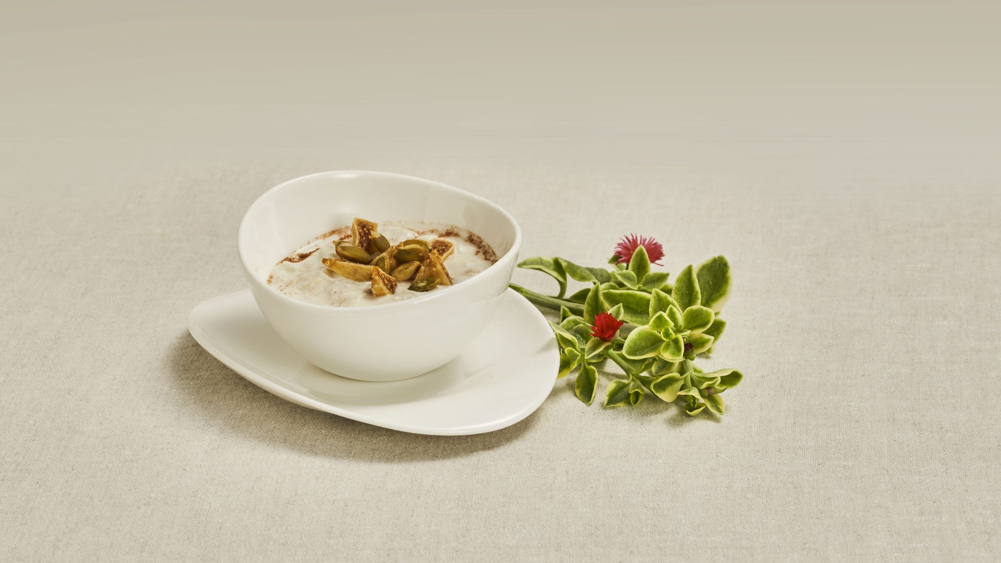 Bowl of oatmeal on table.