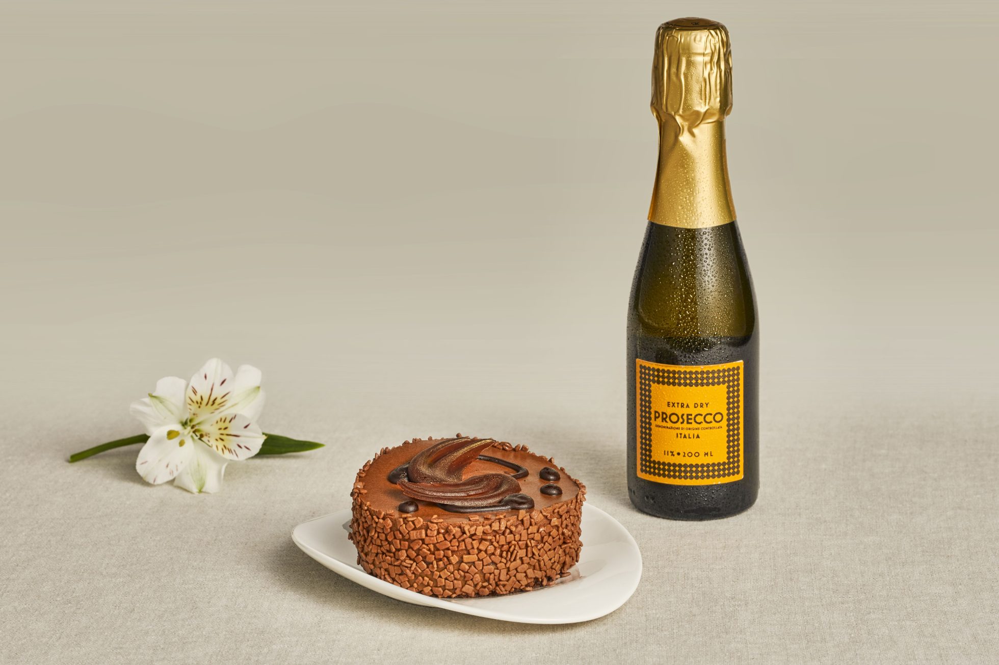 Chocolate cake with Prosecco on white background.