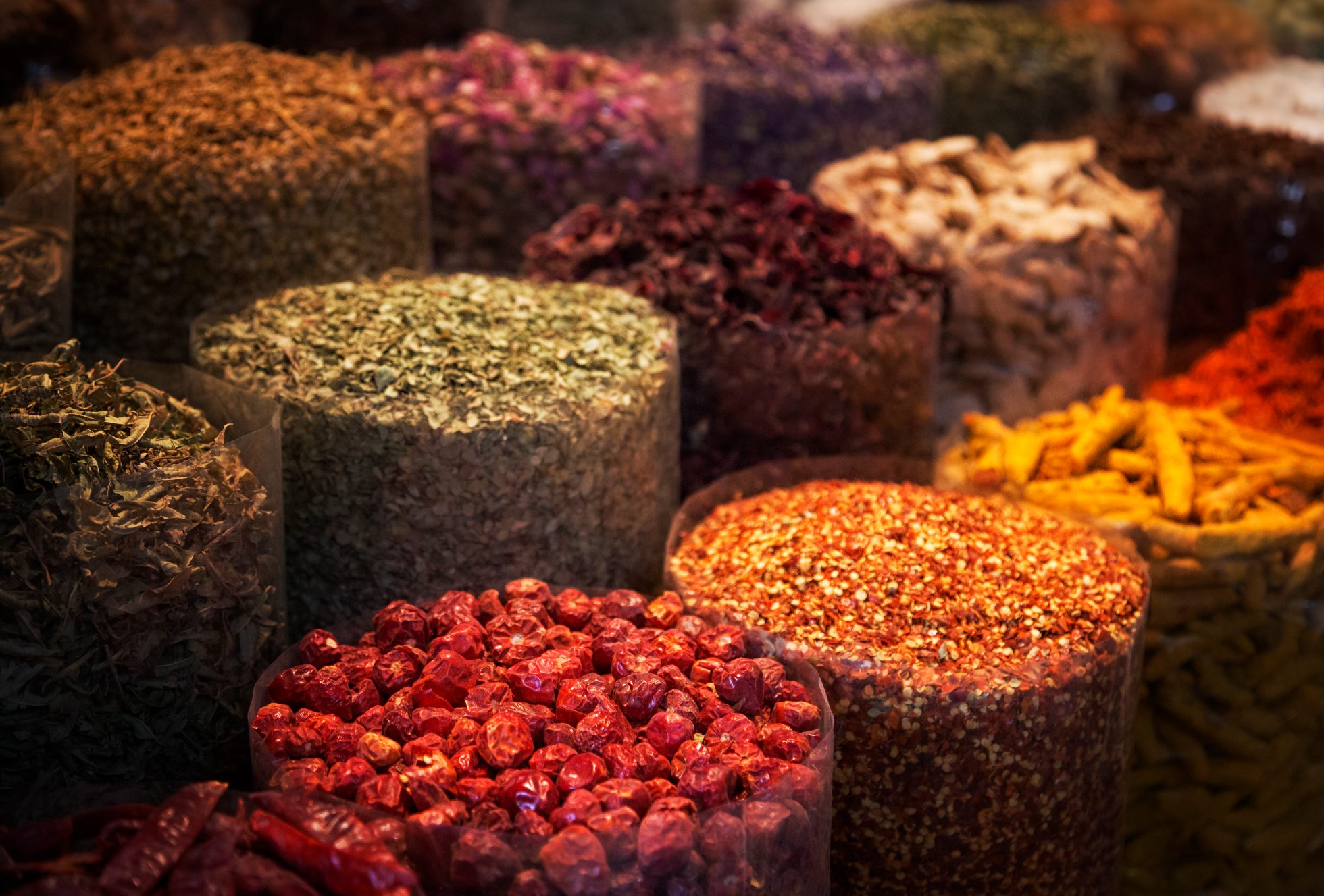 Piles of spices in the souk in Dubai, holidays in Dubai