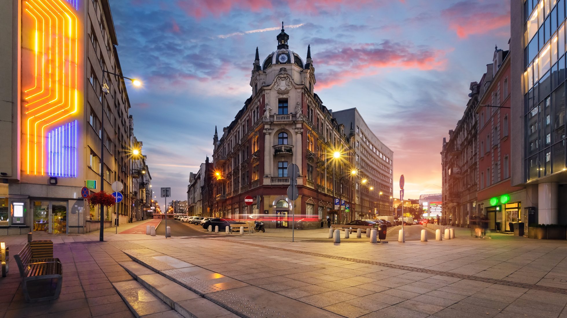 Rynek in Katowice in the evening