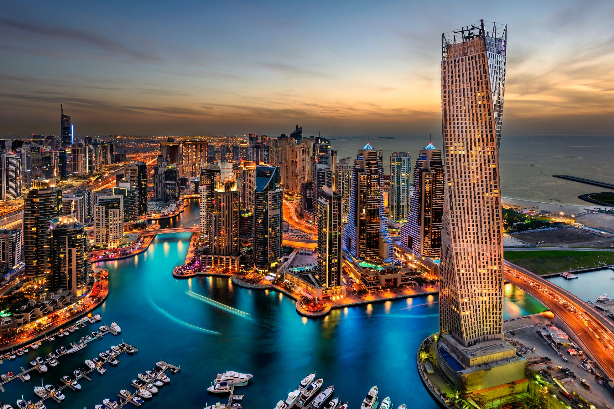 Panoramic view of Dubai buildings in the evening, vacation in November