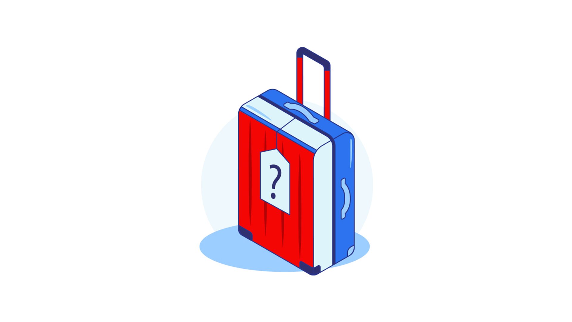 A suitcase with a drawn question mark representing lost baggage.